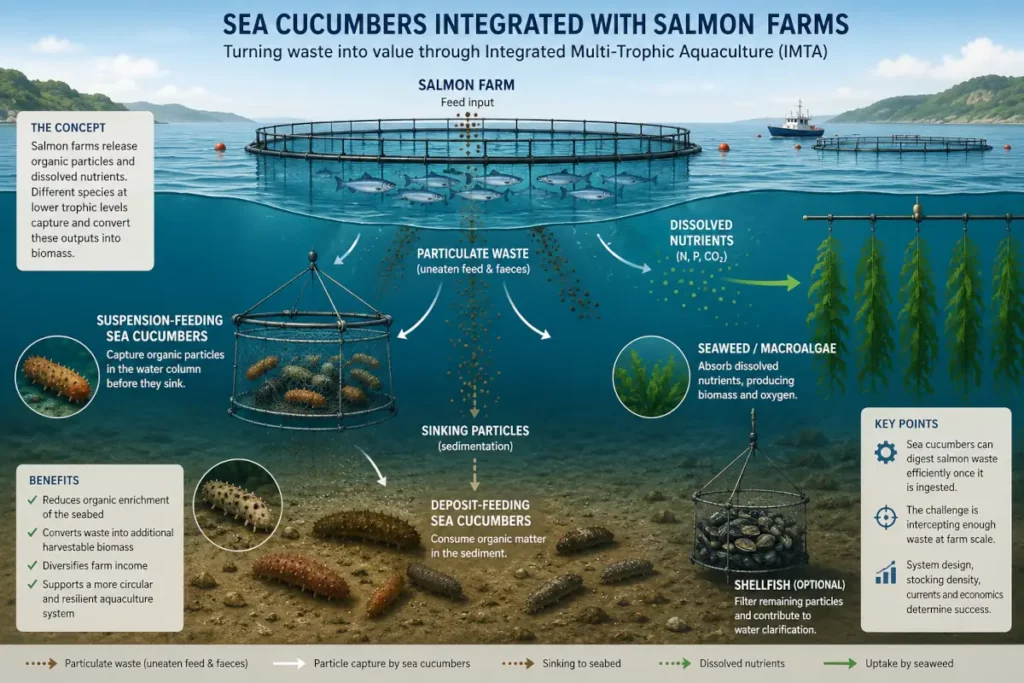 Sea cucumbers integrated with salmon farms (generated through AI)