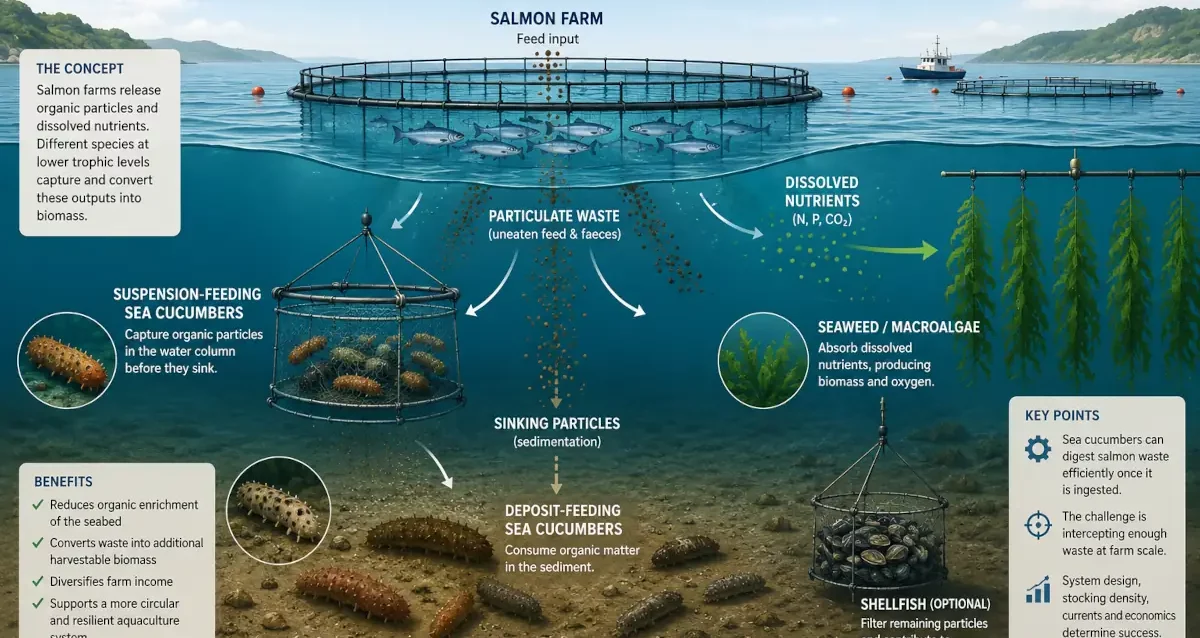 Sea cucumbers integrated with salmon farms (generated through AI)