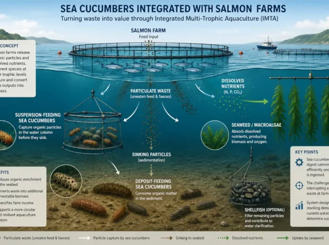 Sea cucumbers integrated with salmon farms (AI generated) Sea cucumbers integrated with salmon farms (generated through AI)